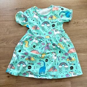 Girls Dinosaur Unicorn Sun Dress Turquoise Size Small 100% Cotton